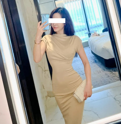 Summer New Short Sleeve Women Folds Casual Charm Slim Fit High Waist Split Long Christmas Dress Sexy Wrap Hip Gentle Solid W9YK