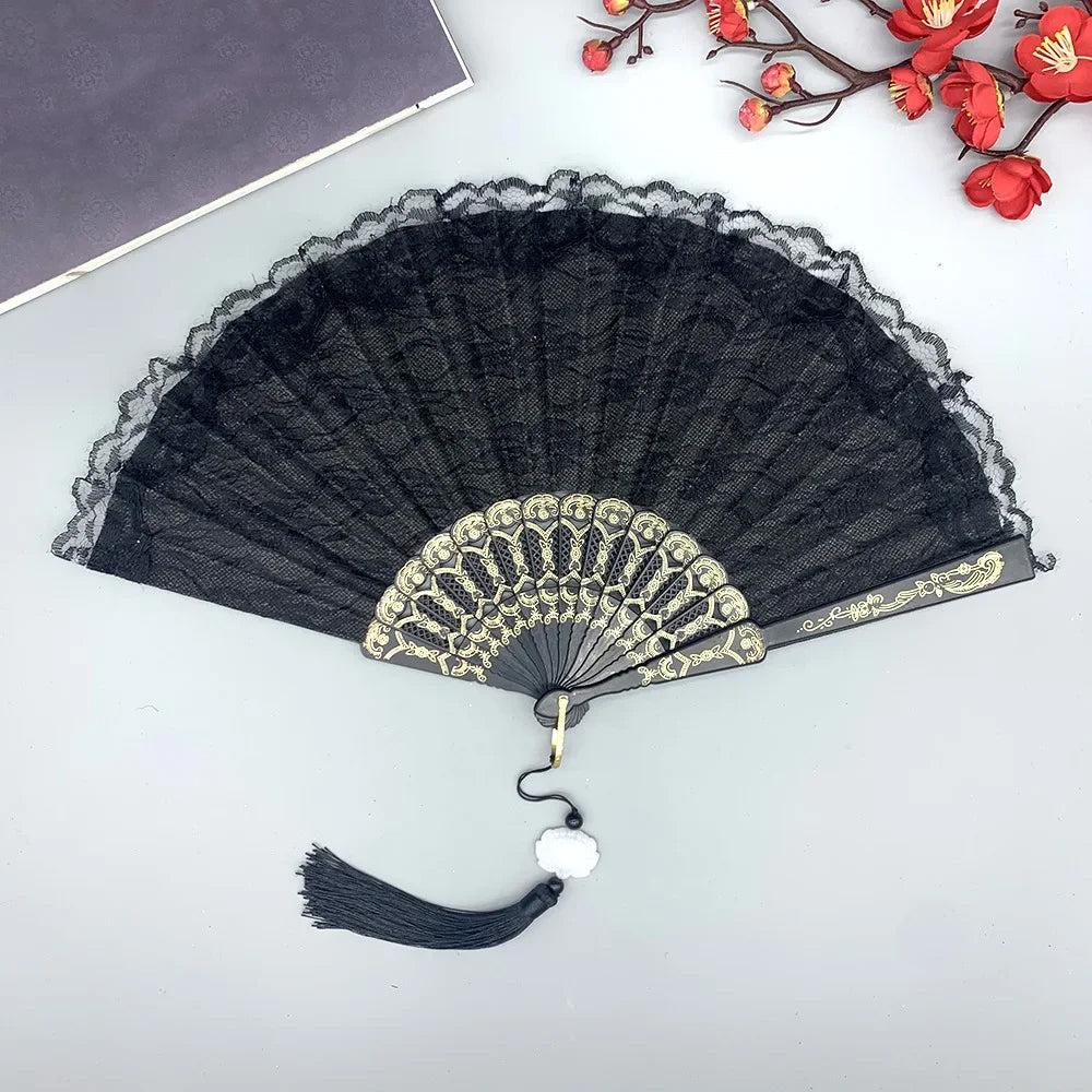 Luxury White Lace Folding Fan Double-layered Plastic Wedding  Home Decorative Fan Ancient Bride Hand Fan