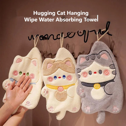 Soft Kid Cartoon Bathroom Hugging Cat Hanging Wipe Water Absorbing Towel Cute Towel Strong Water Absorb Quick Dry Bathing Towel