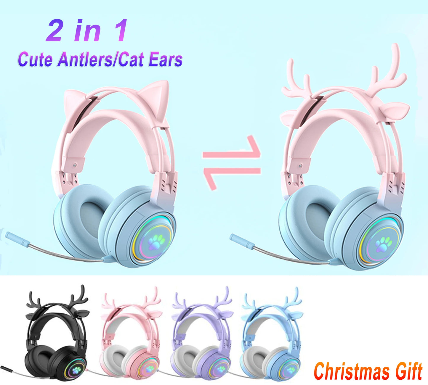 2 in 1 Cute Antlers/Cat Ears Wireless Bluetooth Headphones Gamer 3.5mm Headset Gaming Headphones Christmas Gift for Kids Girls