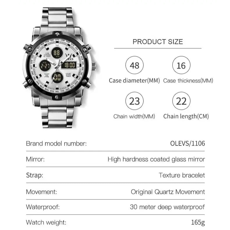 OLEVS 1106 Men's Watch Luxury Brand Quartz Watch Trend Sports Alarm Clock LED Display Waterproof Timing Code Watch Men's Watch