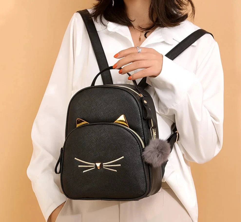 Travel Backpack Women Rucksack Teenagers 2023 Student School Bags for Girls Cartoon Cat PU Leather Satchel Black Shoulder Bag