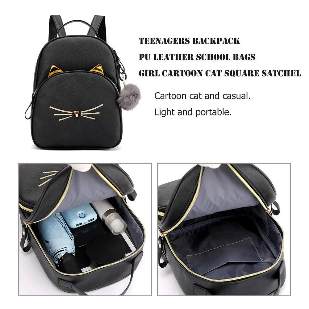 Travel Backpack Women Rucksack Teenagers 2023 Student School Bags for Girls Cartoon Cat PU Leather Satchel Black Shoulder Bag