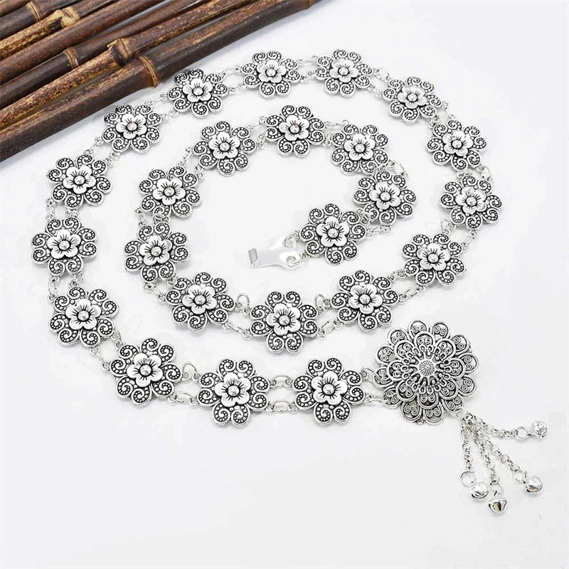 Retro Style Alloy Waist Chain Body Chain Silver Color Flower Tassel Bells Pendant Belly Chain for Women Waist Chain Jewelry