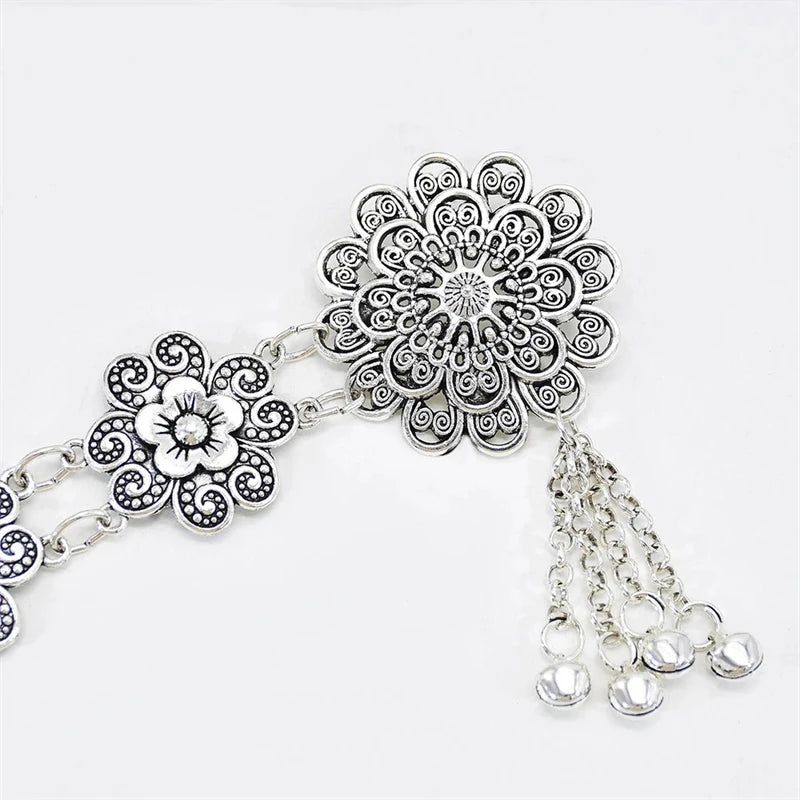 Retro Style Alloy Waist Chain Body Chain Silver Color Flower Tassel Bells Pendant Belly Chain for Women Waist Chain Jewelry