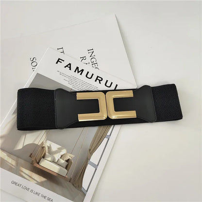 Golden Hook Buckle Belts for Women Female Decorative Girdle with Skirt Retro Elastic Wide Belt  Ladies Elastic Girdle