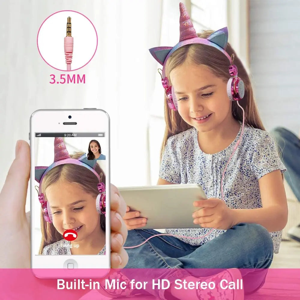 Unicorn Kids Pink Headphones for Girls Children Teens Wired Headset w/Microphonefor School Birthday Xmas Unicorn Gift