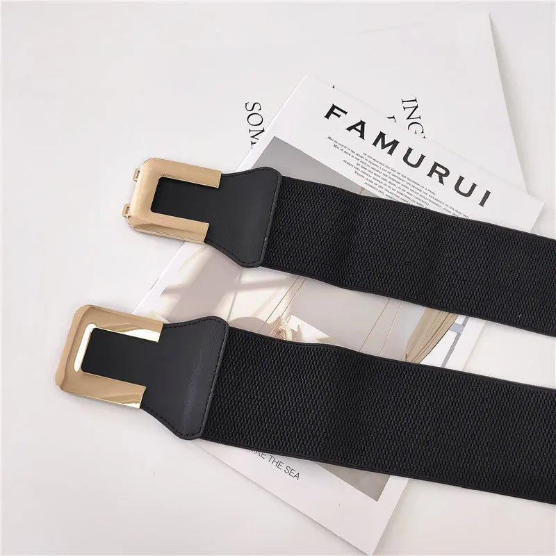 Golden Hook Buckle Belts for Women Female Decorative Girdle with Skirt Retro Elastic Wide Belt  Ladies Elastic Girdle