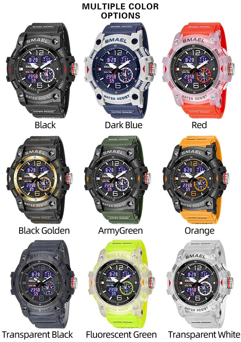 SMAEL Sports Dual Display Watch For Men LED Digital Quartz Waterproof Watches Men's Stopwatches Student Clock Youth Wristwatches