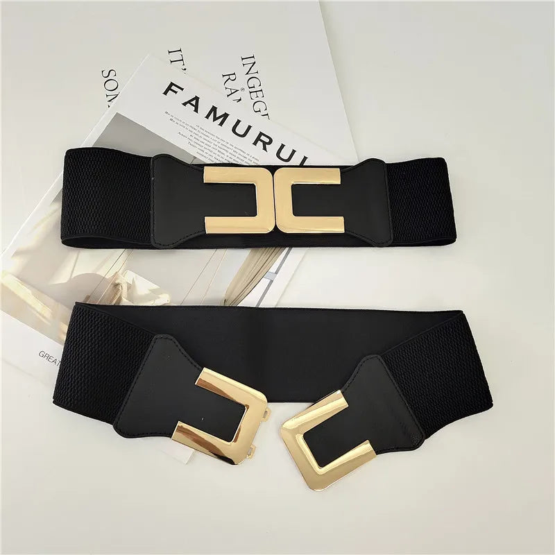 Golden Hook Buckle Belts for Women Female Decorative Girdle with Skirt Retro Elastic Wide Belt  Ladies Elastic Girdle