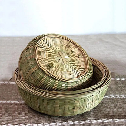 Hand-woven Bamboo Sieve Hand-painted Bamboo Raft Round Dustpan Decorative Fruit Bread Basket Kitchen Storage Tray Supplies