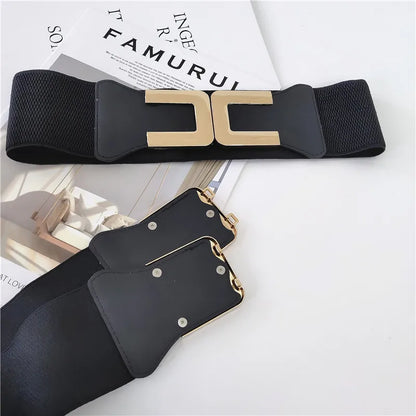 Golden Hook Buckle Belts for Women Female Decorative Girdle with Skirt Retro Elastic Wide Belt  Ladies Elastic Girdle