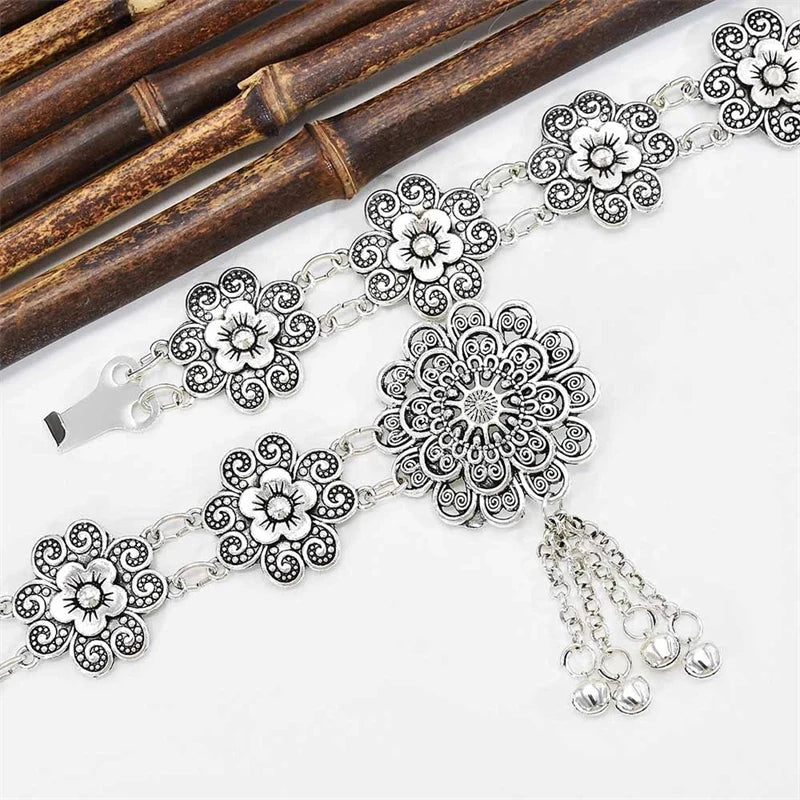 Retro Style Alloy Waist Chain Body Chain Silver Color Flower Tassel Bells Pendant Belly Chain for Women Waist Chain Jewelry