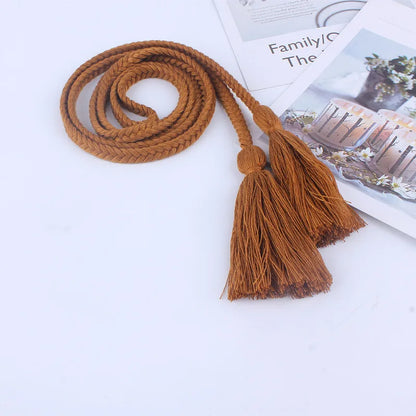 fashion women tassel Braided waistband Twist weaving knitted belt decorated rope for dresses shirt brown black cotton string