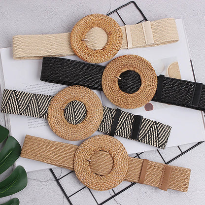 Wooden Buckle Dress Belt For Women Casual Female Braided Wide Strap Female Designer Woven Girls Elastic PP Straw Belts BZ339