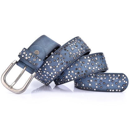 New Fashion Women's Rivet Belts Punk Rock Style Male Belt For Lady PU Leather Sequins Metal buckle Wide Metal Star Rivet bead