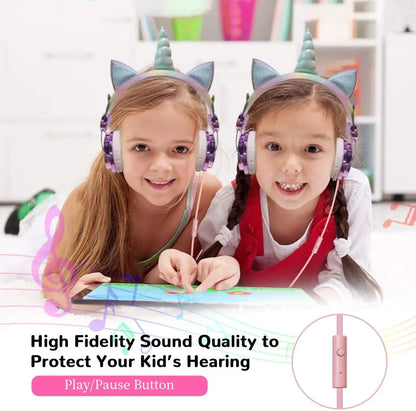 Unicorn Kids Pink Headphones for Girls Children Teens Wired Headset w/Microphonefor School Birthday Xmas Unicorn Gift