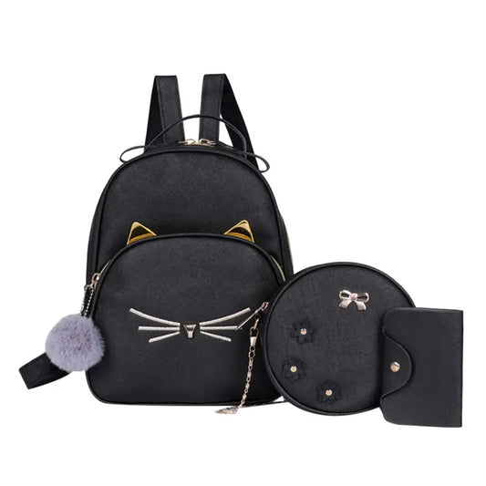 Travel Backpack Women Rucksack Teenagers 2023 Student School Bags for Girls Cartoon Cat PU Leather Satchel Black Shoulder Bag