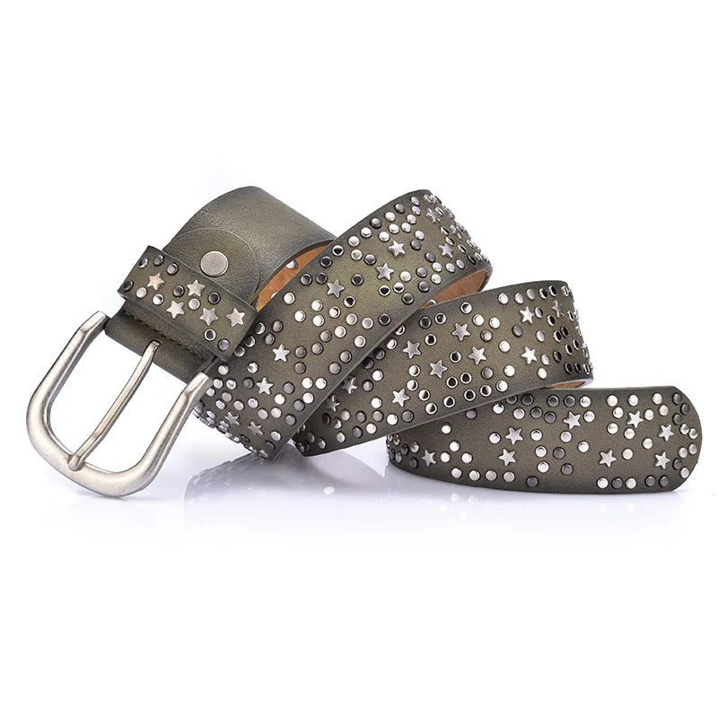 New Fashion Women's Rivet Belts Punk Rock Style Male Belt For Lady PU Leather Sequins Metal buckle Wide Metal Star Rivet bead