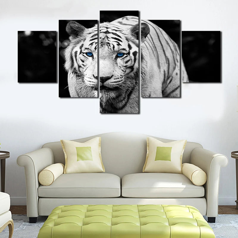 5 Panel Blue-eyed White Tiger Canvas Painting Oil Painting Print On Canvas Home Decor Art Wall Picture For Living Room Unframed