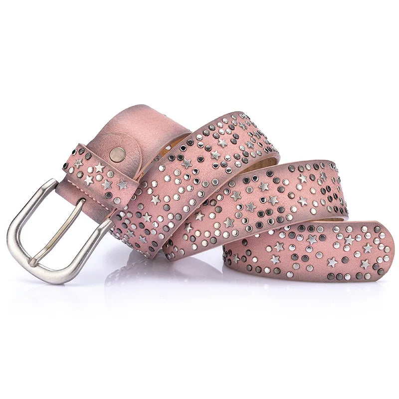 New Fashion Women's Rivet Belts Punk Rock Style Male Belt For Lady PU Leather Sequins Metal buckle Wide Metal Star Rivet bead