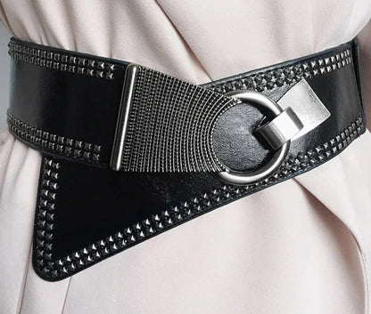 Maikun Fashion Punk Rocker Wide Belts for Women Elastic Wide European Style Women Belts Metal Round Buckle