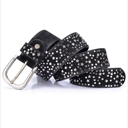 BOKADIAO Women Belt Punk Pin Buckle Vintage Geometry Rivets Luxury Lady's Original Leather Belts for Woman Waistband Female Belt