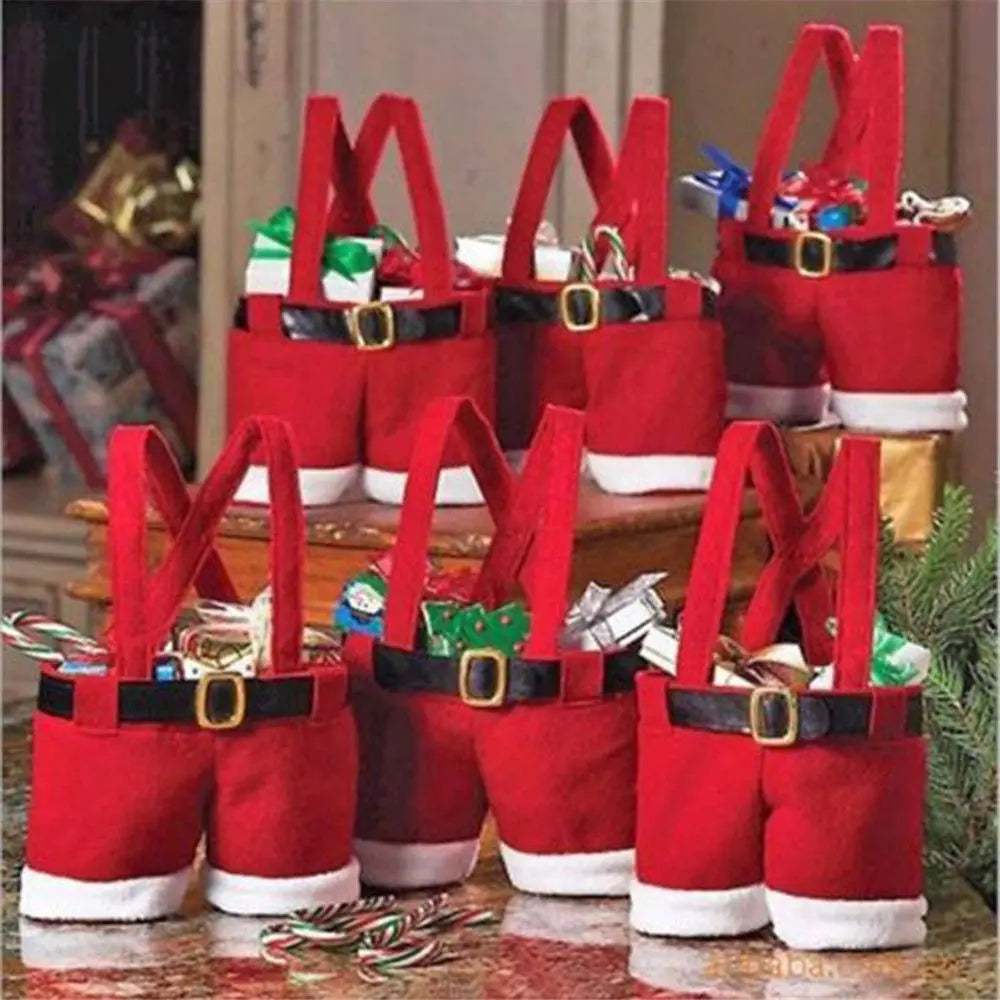 1pcs Christmas Buckram Santa Pants Bag Large Handbag Candy Wine Gift Bag Xmas Decor Cheer Gift Treat Candy Wine Bottle Holder