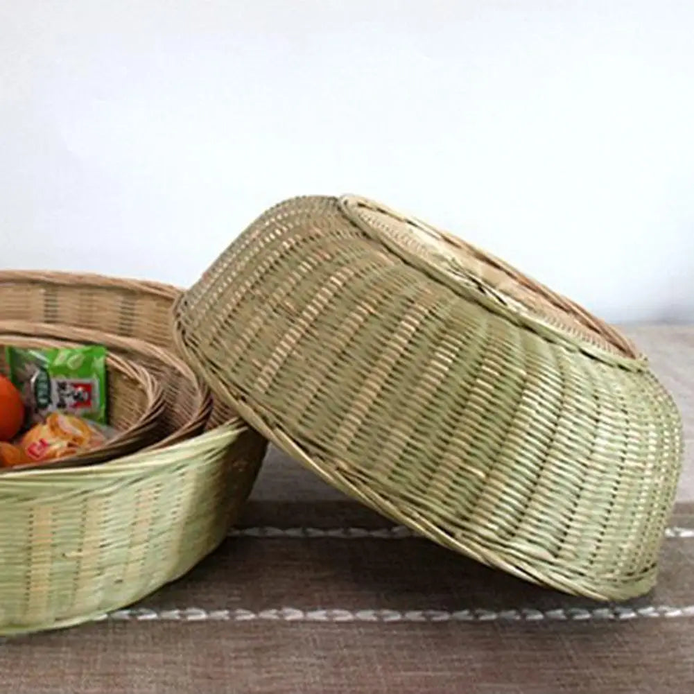 Hand-woven Bamboo Sieve Hand-painted Bamboo Raft Round Dustpan Decorative Fruit Bread Basket Kitchen Storage Tray Supplies