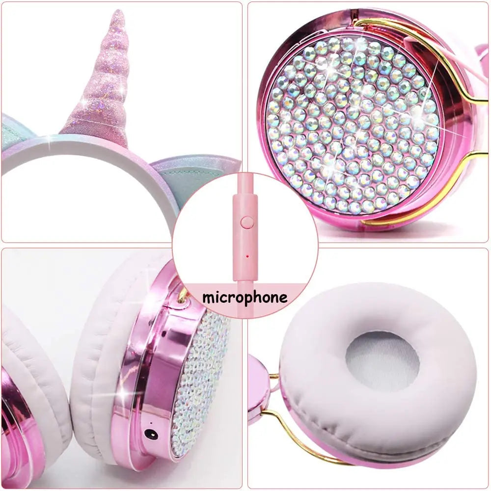 Unicorn Kids Pink Headphones for Girls Children Teens Wired Headset w/Microphonefor School Birthday Xmas Unicorn Gift