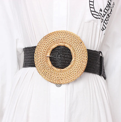 Wooden Buckle Dress Belt For Women Casual Female Braided Wide Strap Female Designer Woven Girls Elastic PP Straw Belts BZ339