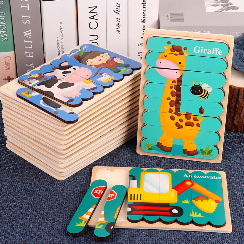 Baby Wooden Montessori Puzzle Child Game Wooden Puzzle 3D Cartoon Animal Puzzle Babies Toys Puzzles For Kids 1 2 3 Year Old