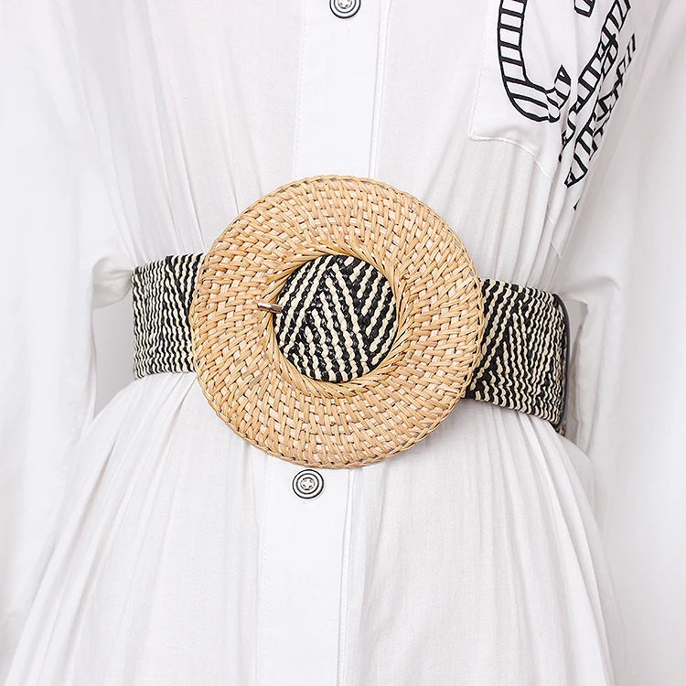 Wooden Buckle Dress Belt For Women Casual Female Braided Wide Strap Female Designer Woven Girls Elastic PP Straw Belts BZ339