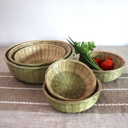 Hand-woven Bamboo Sieve Hand-painted Bamboo Raft Round Dustpan Decorative Fruit Bread Basket Kitchen Storage Tray Supplies