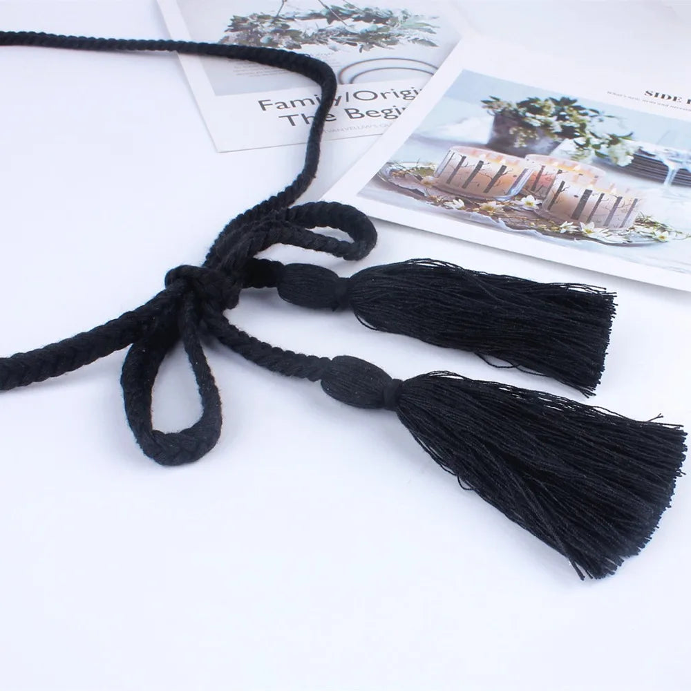 fashion women tassel Braided waistband Twist weaving knitted belt decorated rope for dresses shirt brown black cotton string