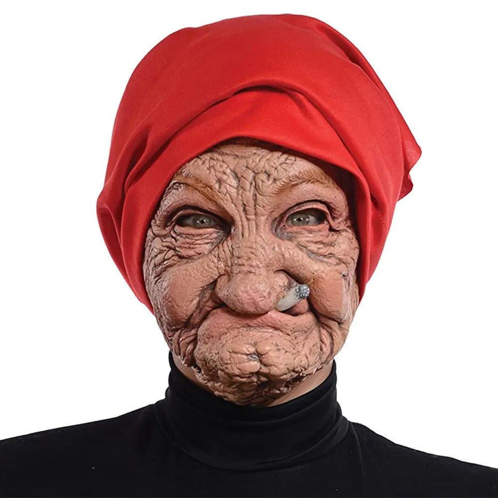 Halloween horror character headgear, smoking granny mask, latex headgear, dance party Douyin props and peripherals