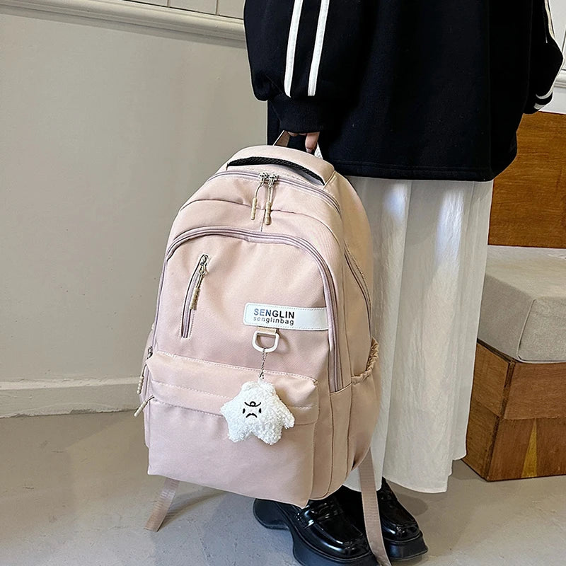 Cute aesthetic backpack suitable for teen laptop backpack middle school bear pin casual backpack