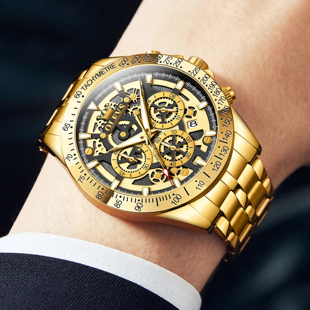 OLEVS Lxuxry Brand Gold Men's Watches Full Skeleton Stainless steel Chronograph Wristwatch Waterproof Luminous Quartz Watch Men