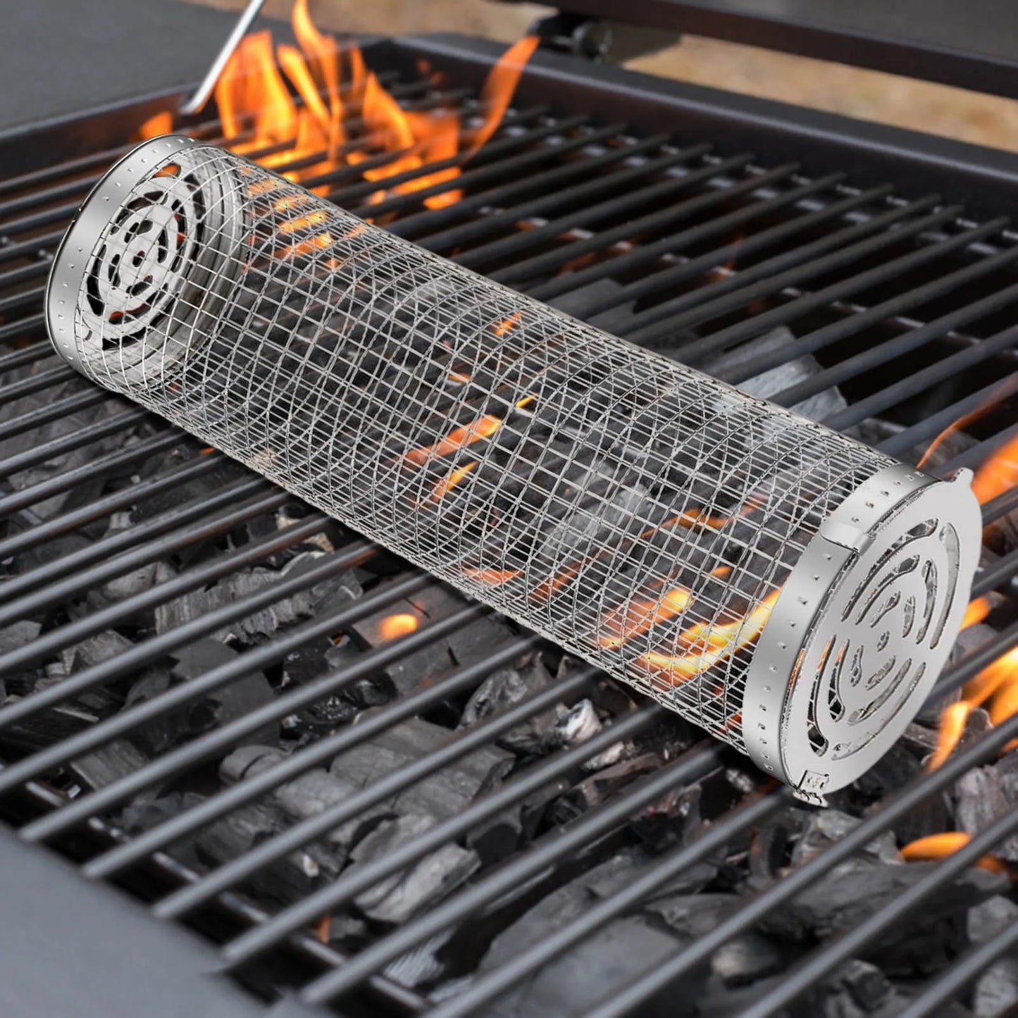 Barbecue Cages Stainless Steel Grill Grate Camping Picnic Cookware Outdoor Round BBQ Campfire Grill Grid Rolling Grill Basket