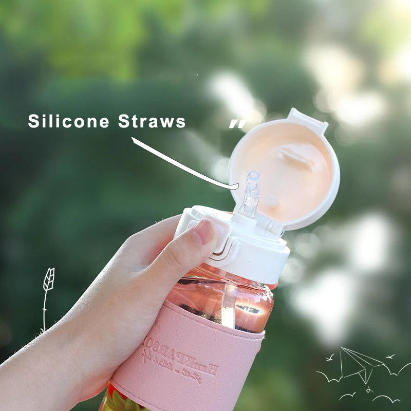 500ML Water Bottle with Straw Cute Plastic Drinkware for Drinking Milk Tea Coffee Portable Leak-proof Drinking Bottle for Travel