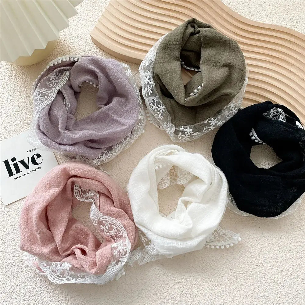 Solid Lace Hair Scarf Temperament Headband Cotton Linen Sweet Neckerchief Soft Wrap Hair Band Triangle Scarves Women