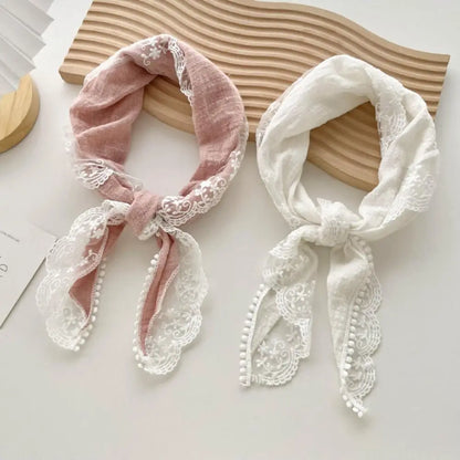 Solid Lace Hair Scarf Temperament Headband Cotton Linen Sweet Neckerchief Soft Wrap Hair Band Triangle Scarves Women