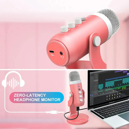 USB condenser microphone in pink, suitable for studio recording, gaming, streaming, podcasting, and vocals on various devices such as PC, Mac, computers, phones, laptops, and desktops.