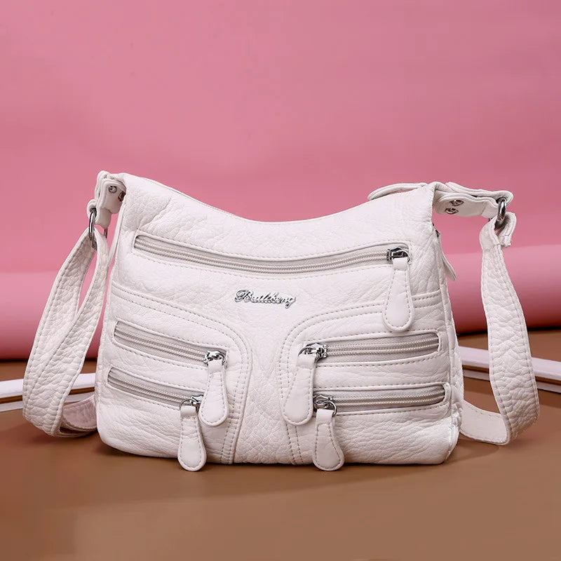 Small Soft Shoulder Bag Casual Women Bag Wash White Leather Crossbody Adjustable Multi-pocket  Ladies Pocket Bolsa De Ombro  New