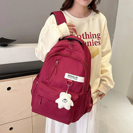 Cute aesthetic backpack suitable for teen laptop backpack middle school bear pin casual backpack