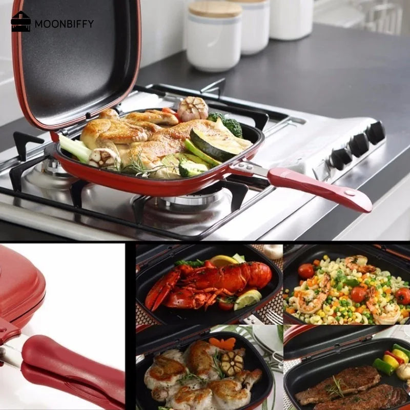 32CM/28CM Double-Sided Frying Pan Non-Stick Portable BBQ Grill Pan Flip Barbecue Cooking Tool Cookware Stove Cast Grill Cooker