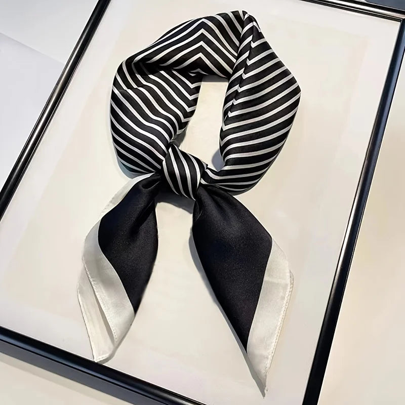 Square Imitation Silk Scarf Black And White Striped Head Wrap For Women Multifunction Silk Feeling Neckerchief