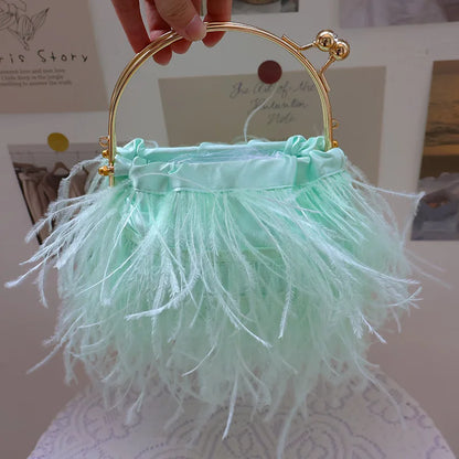 Women Evening Clutch Bag Pearl Strap Chain Shoulder Bag All-matching Ostrich Feather Handbag Wedding Purse Lady Tote Bag