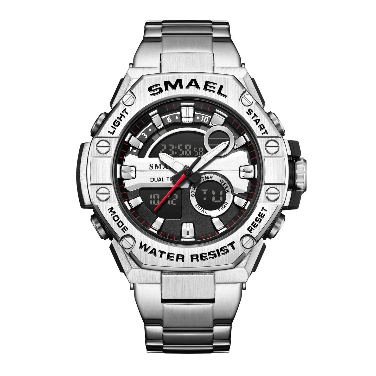 SMAEL 8090 alloy steel strip dual display electronic watch, men's waterproof alarm clock, multifunctional