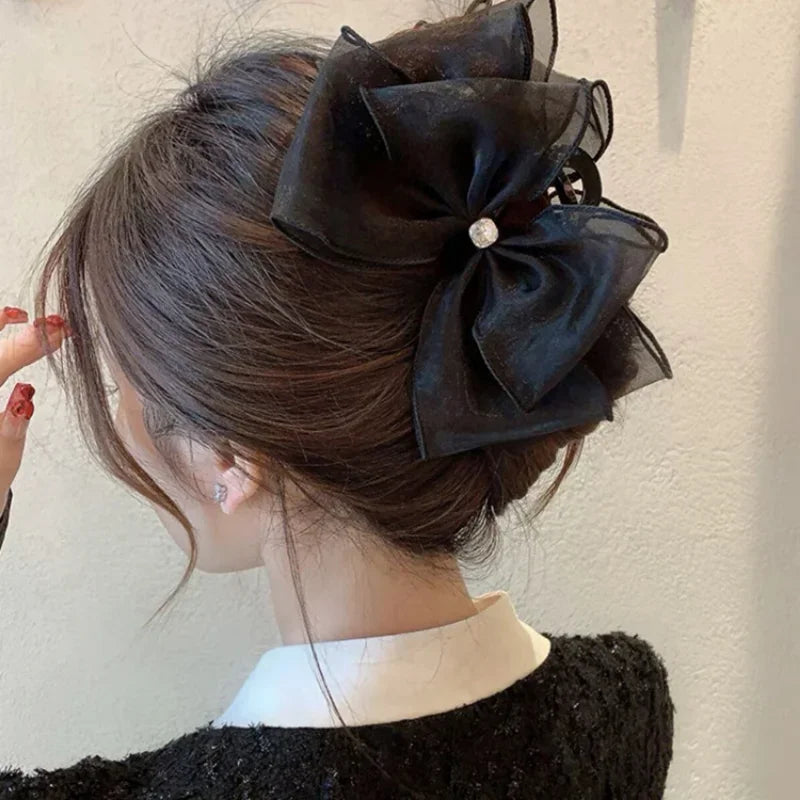 Korea Sweet Mesh Tulle Big Bow Hair Claw Clips for Women White Black Bowknot Hair Clamp Hairpin Headdress Accessories Shark Clip